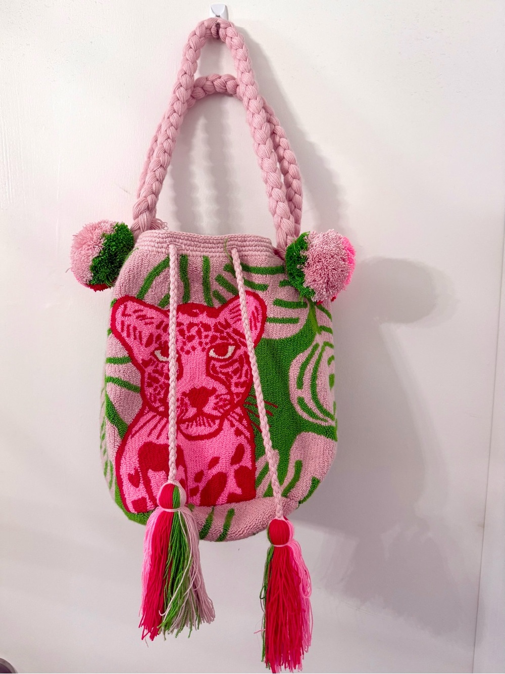 Pink & Green Leopard Bucket Bag with Tassels